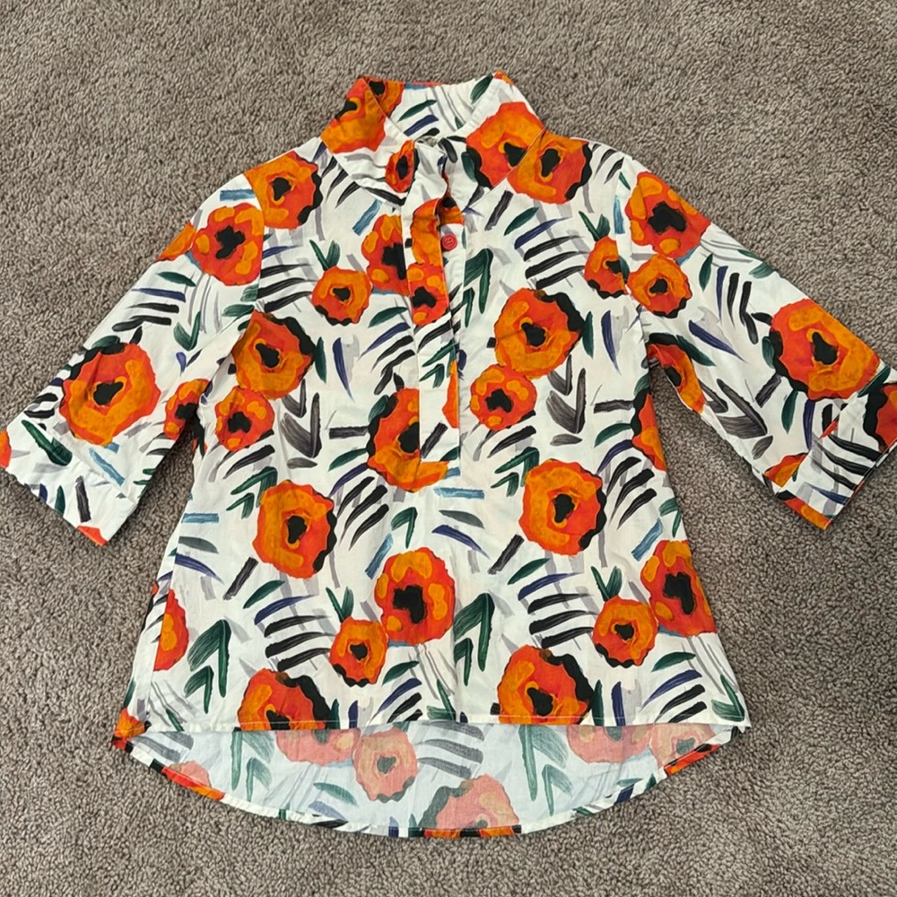 🔥5 for $10 Floral Print Blouse - Orange and Black